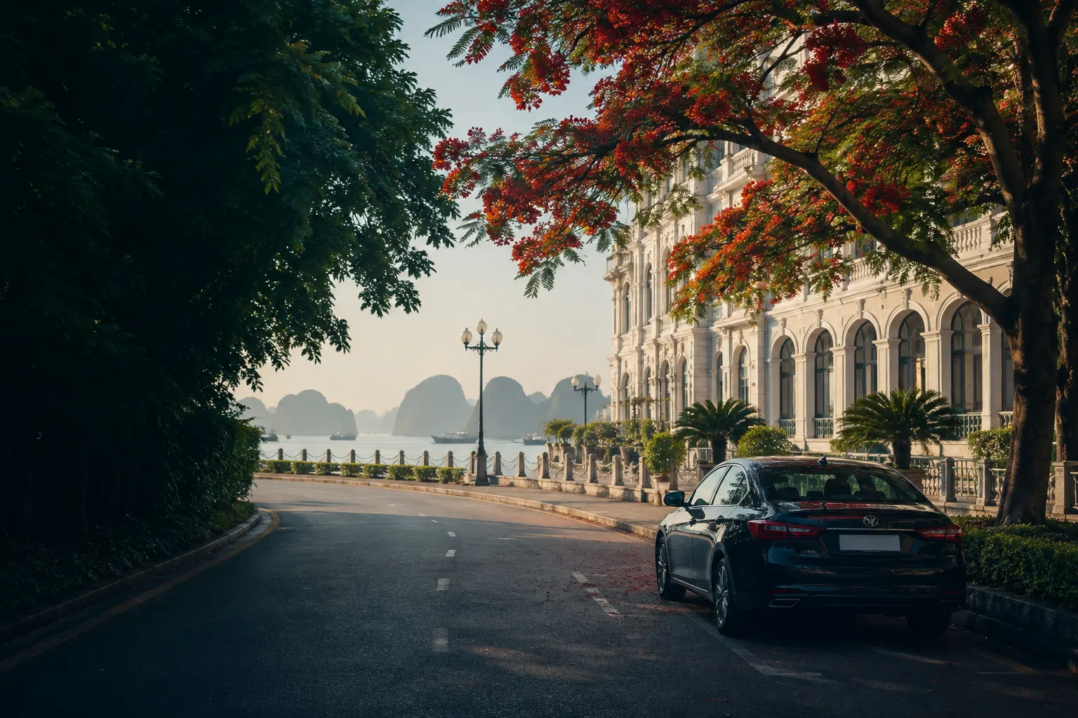 Minh họa xe riêng trên phố rợp hoa phượng